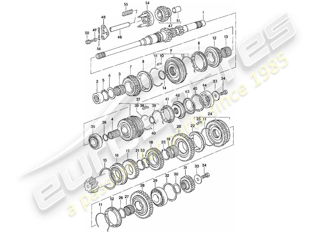 Porsche 924 (1985) GEARS AND SHAFTS - MANUAL GEARBOX - VQ VR UV MD - ME MF MB MX - D - MJ 1981>> Part Diagram