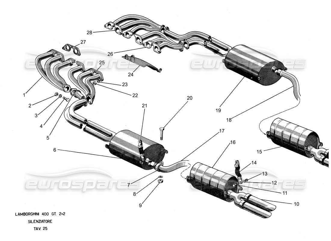 Lamborghini 400 GT Exhaust System Parts Diagram