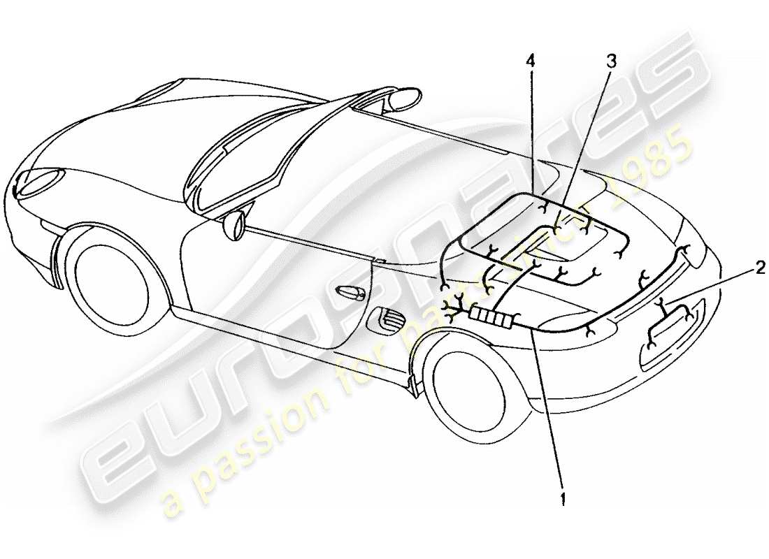 Porsche Boxster 986 (1997) WIRING HARNESSES - REAR END - LICENSE PLATE LIGHT - ADDITIONAL BRAKE LIGHT - ENGINE - REPAIR KIT - ANTI-LOCKING BRAKE SYST. -ABS- - BRAKE PAD WEAR INDICATOR - REAR AXLE Part Diagram