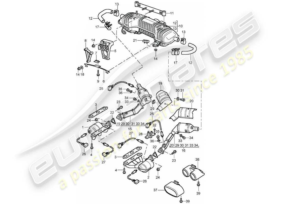 Porsche Boxster 986 (2000) EXHAUST SYSTEM - M 96.21/22 - M 96.23/24 Part Diagram
