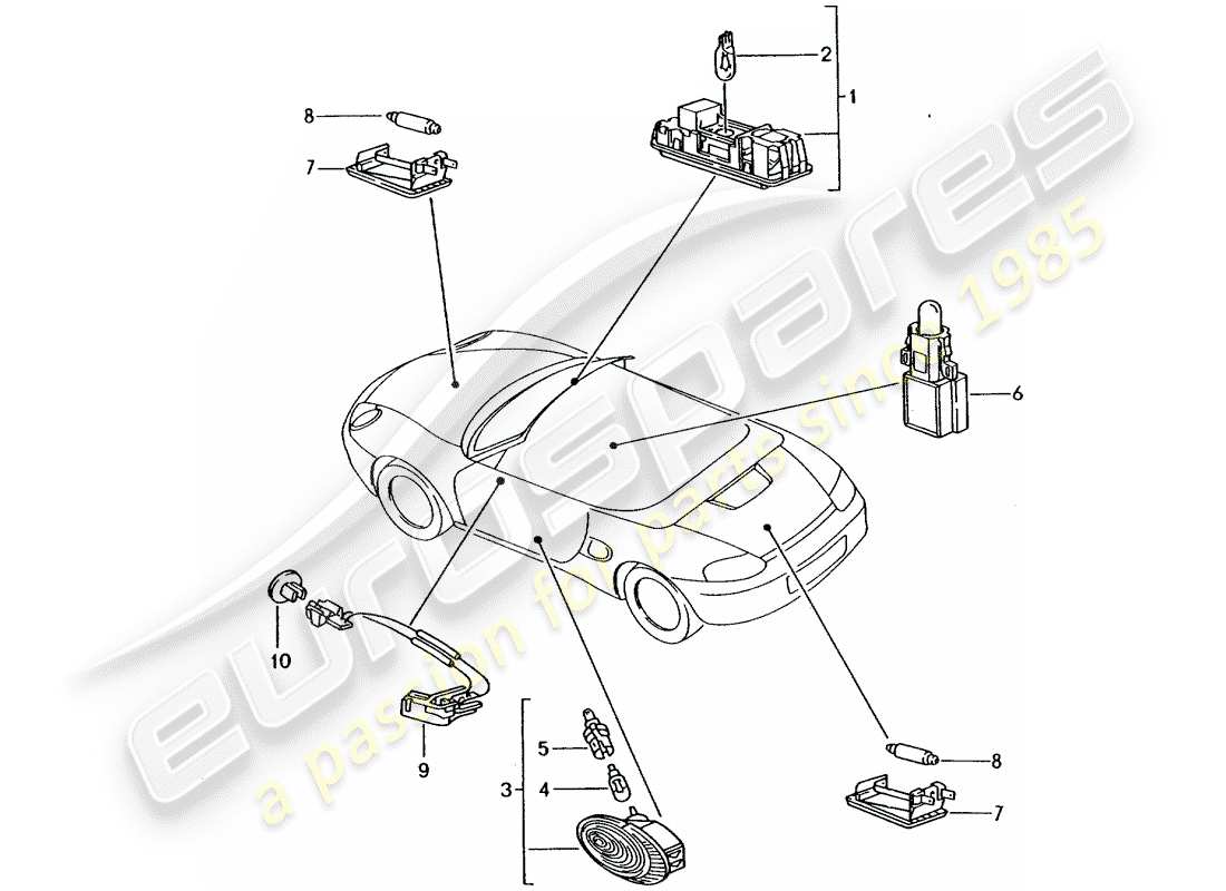 Porsche Boxster 986 (2000) INTERIOR LIGHT - LUGGAGE COMPARTMENT LAMP - ENGINE COMPARTMENT LIGHT - FOOTWELL LIGHT - DOOR HANDLE ILUMINATION - INTERIOR RELEASE Part Diagram