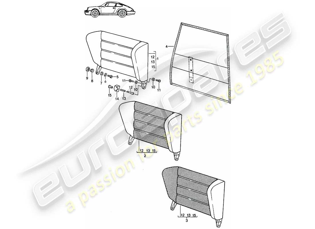 Porsche Seat 944/968/911/928 (1990) EMERGENCY SEAT BACKREST - WITH: - PULL-TYPE RELEASE - D - MJ 1989>> - MJ 1991 Part Diagram