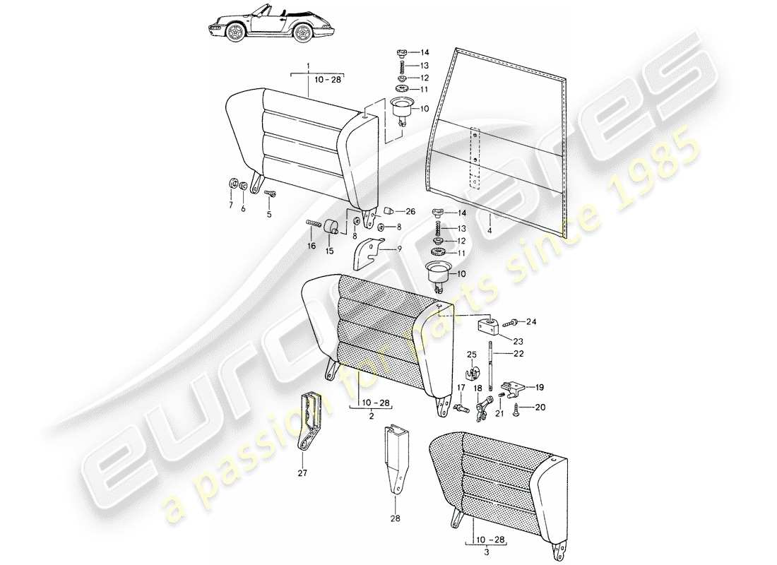 Porsche Seat 944/968/911/928 (1990) EMERGENCY SEAT BACKREST - WITH: - RELEASE BUTTON - D - MJ 1991>> - MJ 1994 Part Diagram