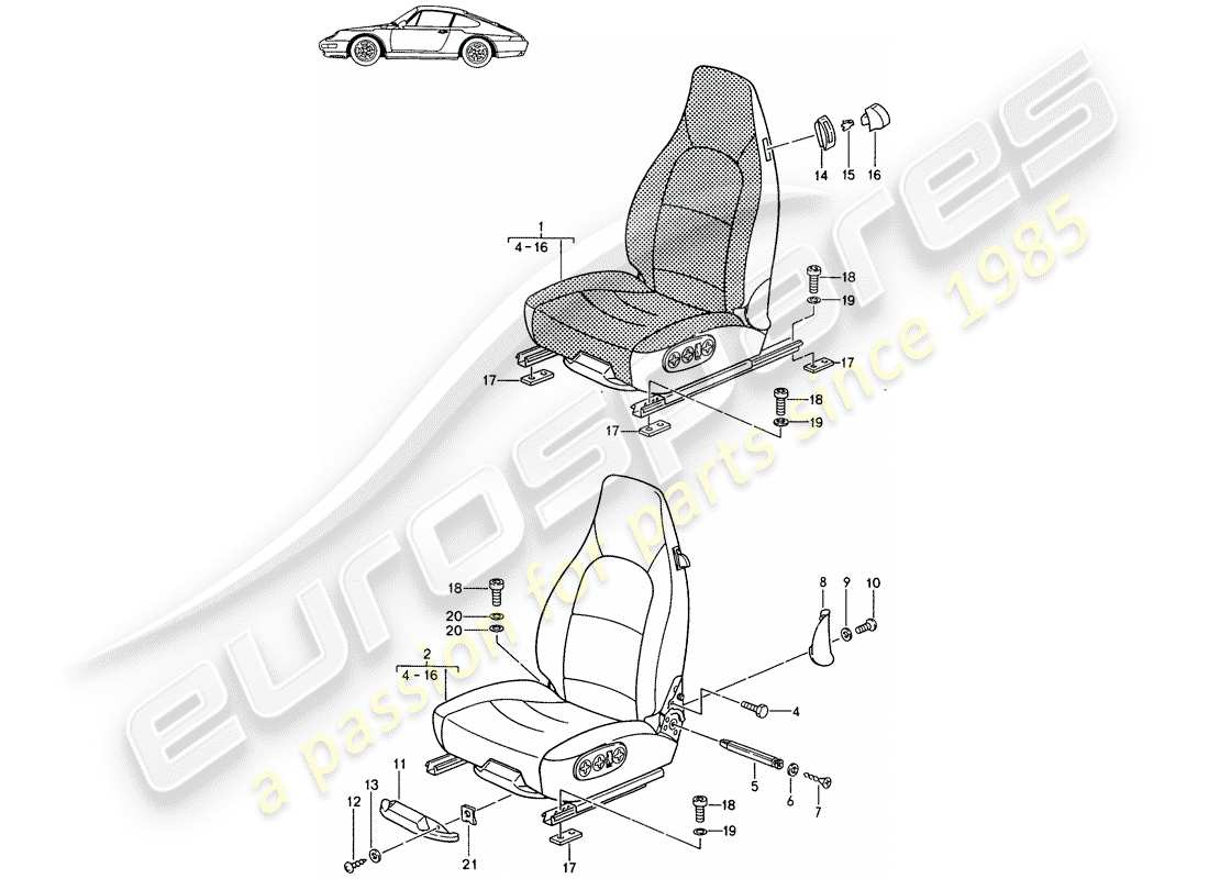 Porsche Seat 944/968/911/928 (1990) FRONT SEAT - - COMFORT SEAT - ALL-ELECTRIC - COMPLETE - D - MJ 1994>> - MJ 1998 Part Diagram