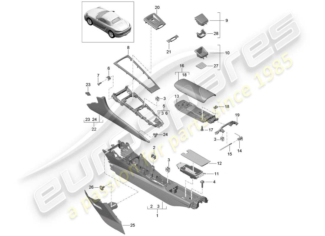 Porsche 718 Boxster (2020) CENTER CONSOLE Part Diagram