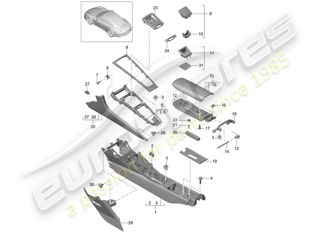 Porsche 991 (2014) CENTER CONSOLE Part Diagram