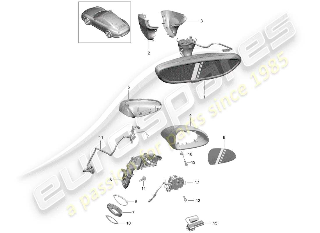 Porsche 991 (2014) rear view mirror inner Part Diagram