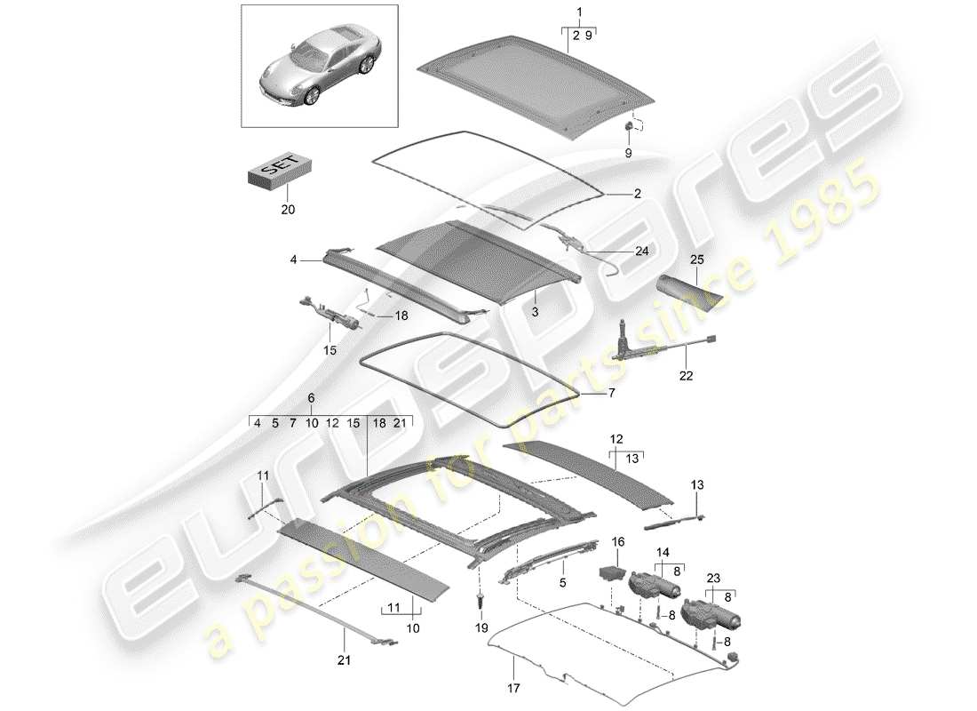 Porsche 991 (2014) glass roof Part Diagram