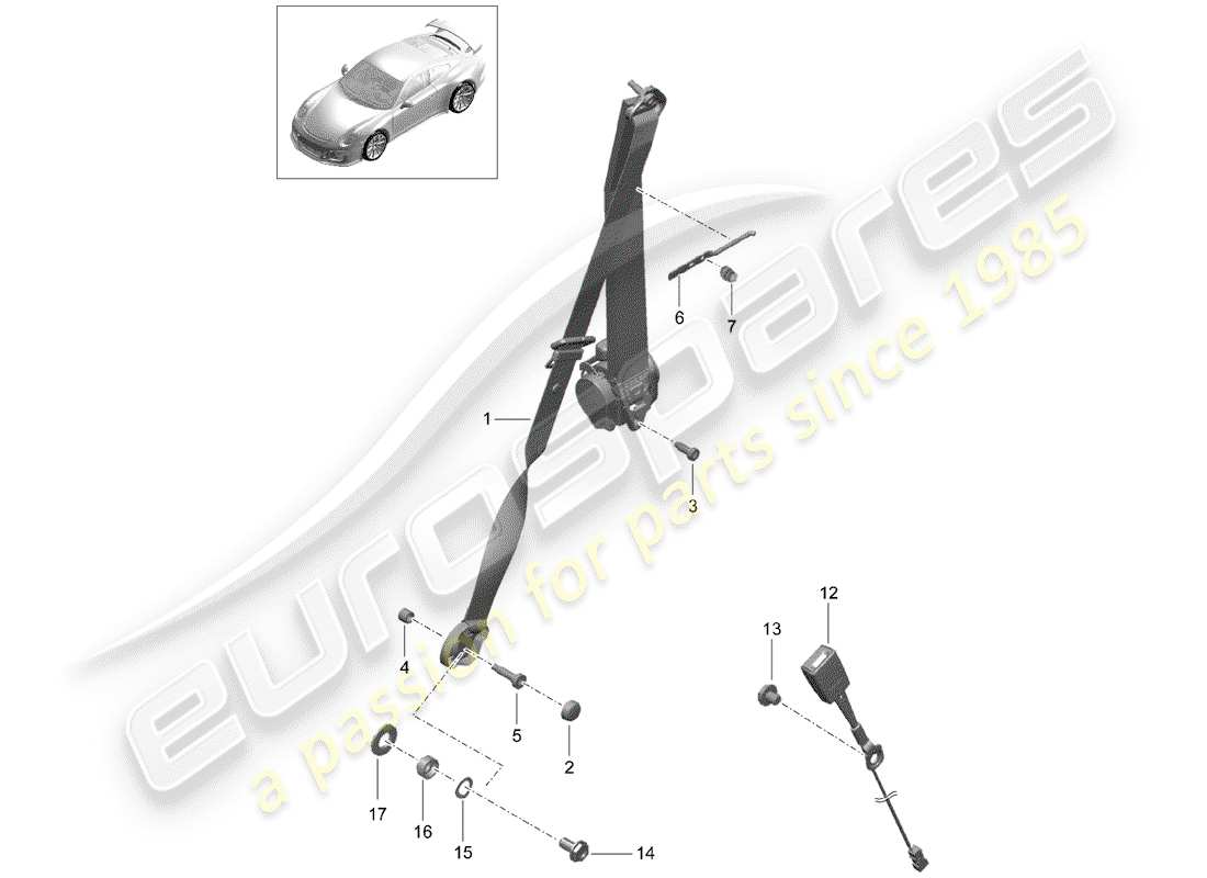 Porsche 991R/GT3/RS (2016) three-point seat belt Part Diagram