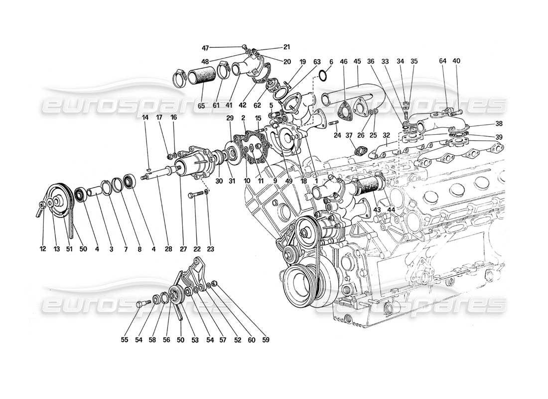 Ferrari 288 GTO Water Pump and Pipings Parts Diagram