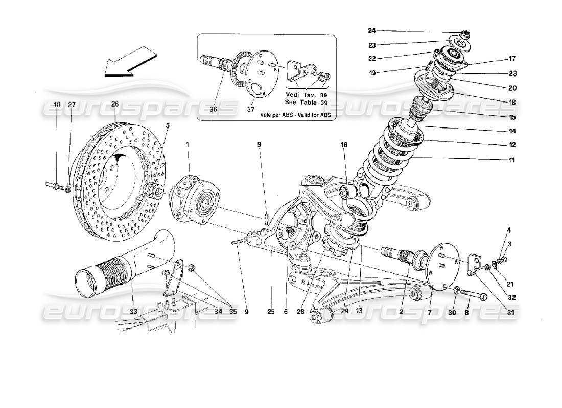 Ferrari 512 TR Front Suspension - Shock Absorber and Brake Disc Parts Diagram
