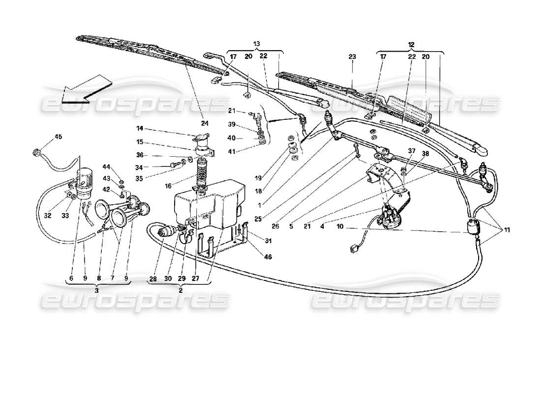 Ferrari 512 TR Windshield Wiper, Washer and Horns Parts Diagram
