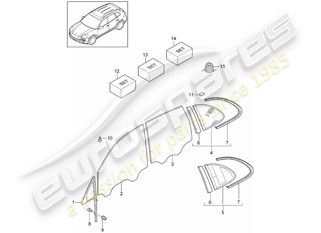 Porsche Cayenne E2 (2015) WINDOW GLASSES Part Diagram