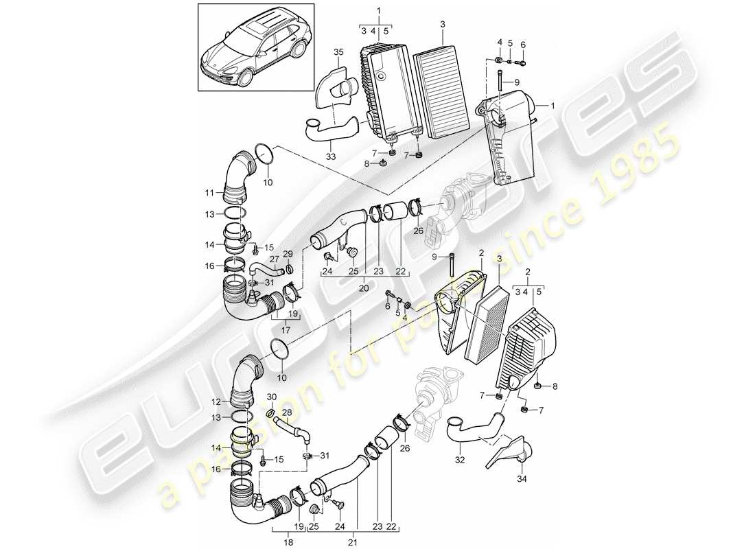 Porsche Cayenne E2 (2018) air cleaner with connecting Part Diagram