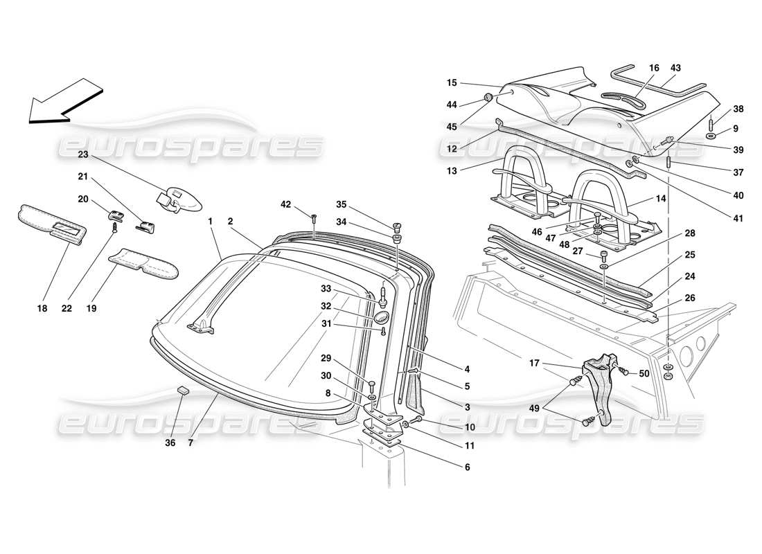 Ferrari F50 Windscreen Pillar and Sporting Roll-Bar Parts Diagram