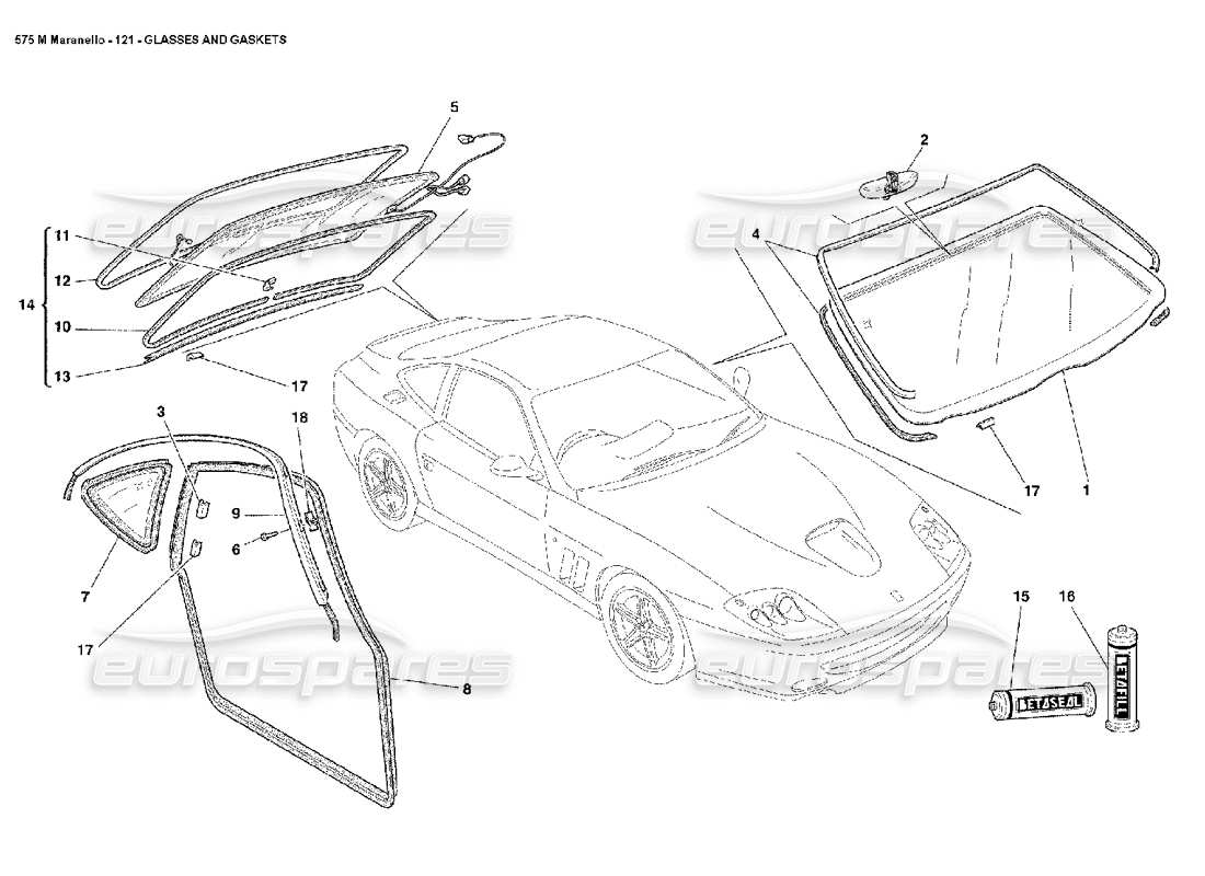 Ferrari 575M Maranello Glasses and Gaskets Parts Diagram