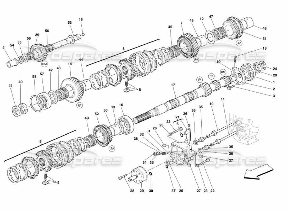 Ferrari 575 Superamerica Main Shaft Gears and Clutch Oil Pump Parts Diagram