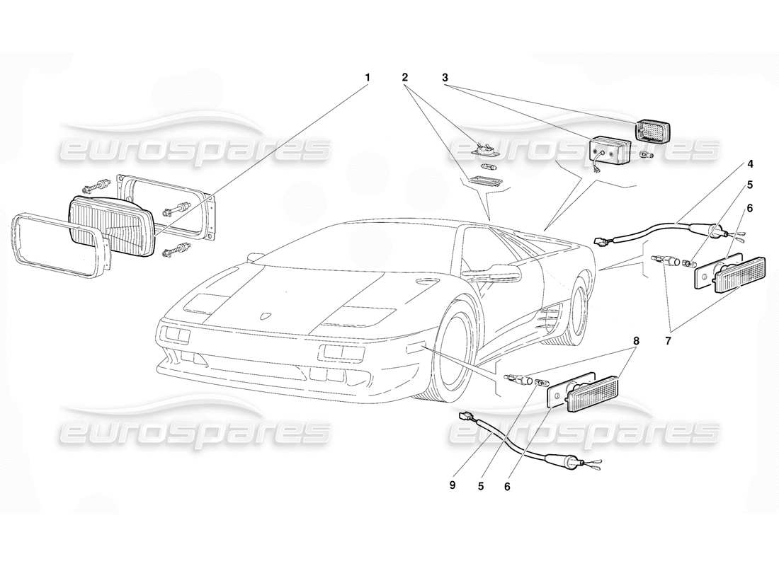 Lamborghini Diablo (1991) Lights (Valid for USA Version - September 1991) Parts Diagram
