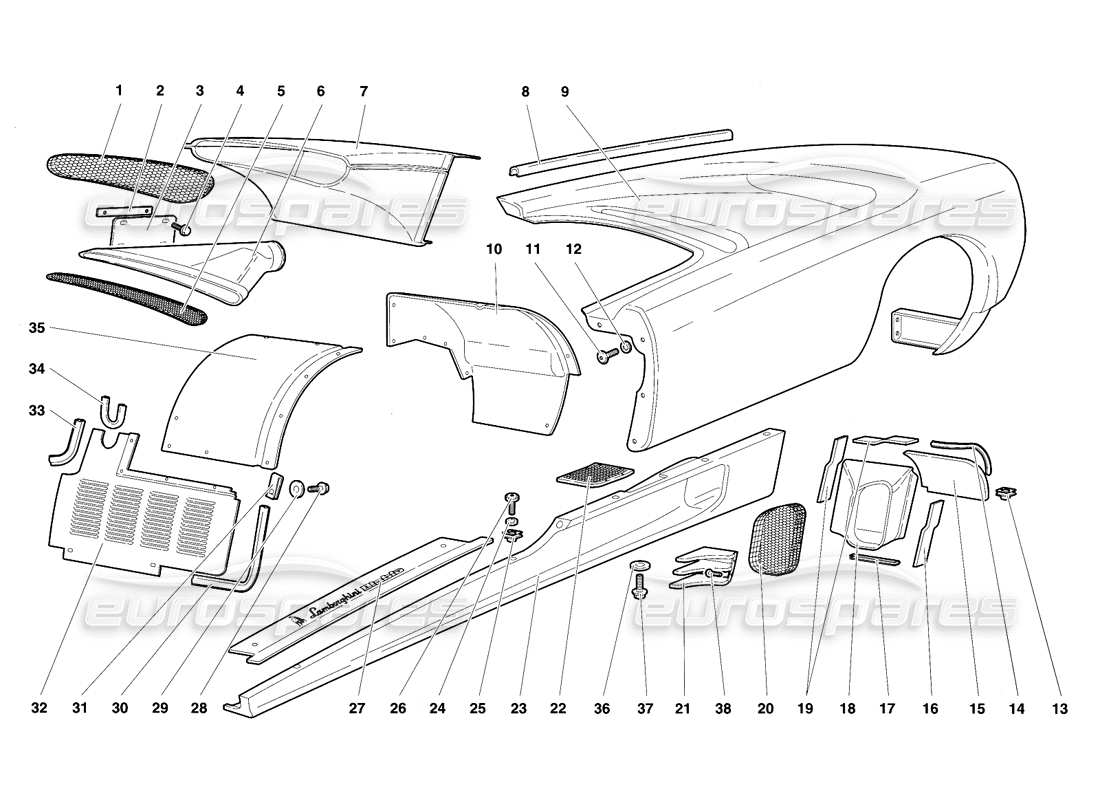 Lamborghini Diablo VT (1994) Body Elements - Left Flank Parts Diagram