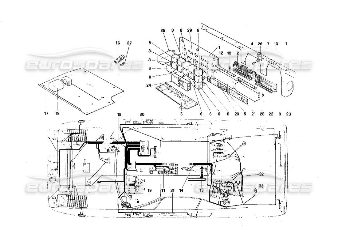 Ferrari 308 Quattrovalvole (1985) Electrical System - Cables, Fuses and Relays Parts Diagram