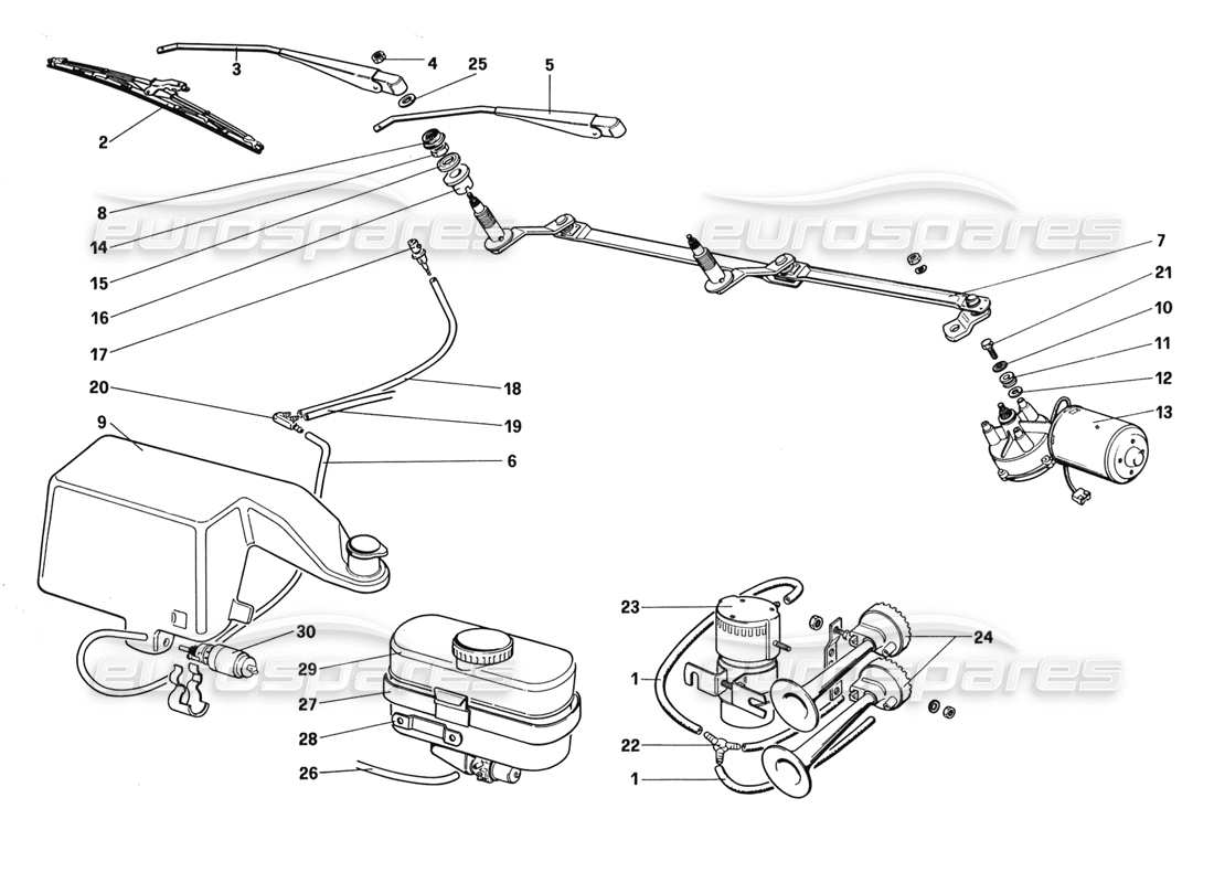 Ferrari 328 (1988) Windshield Wiper, Washer and Horns Parts Diagram