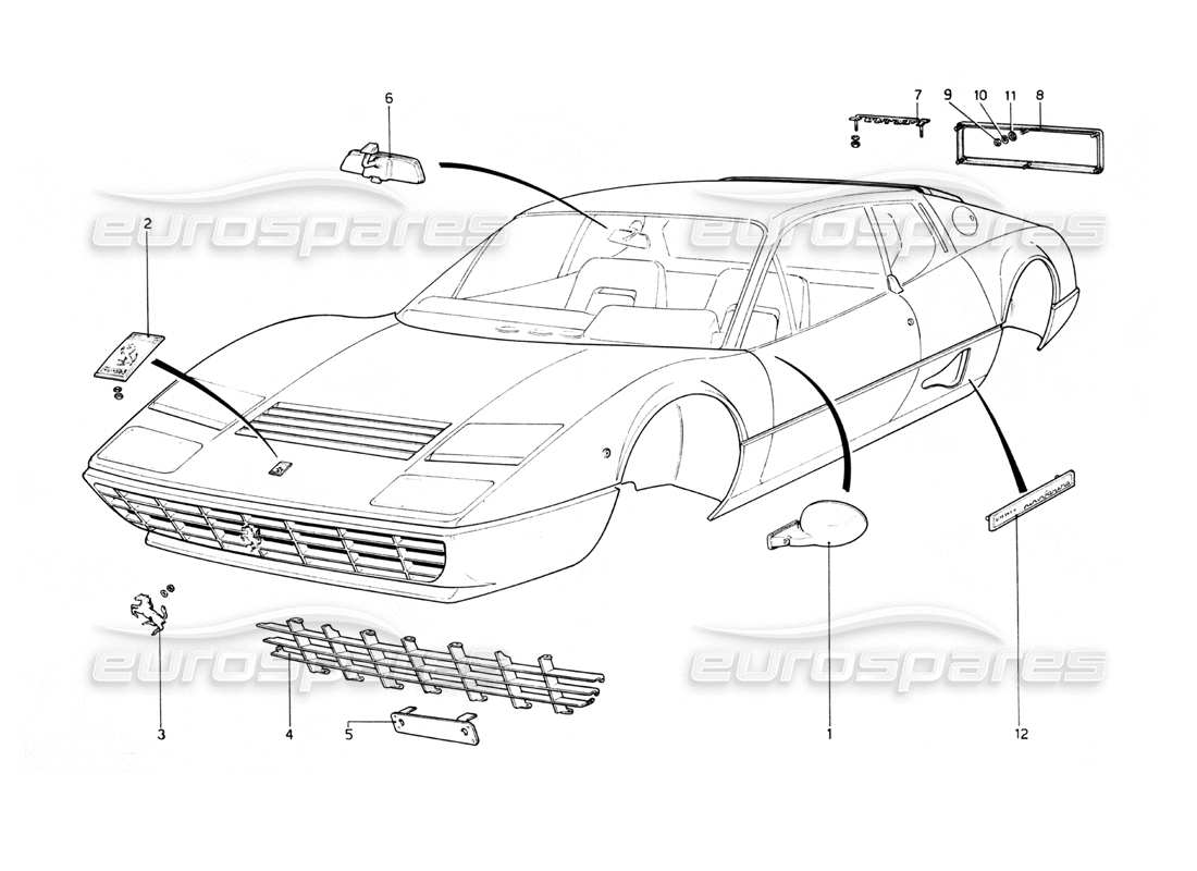 Ferrari 512 BB Body Mouldings Parts Diagram