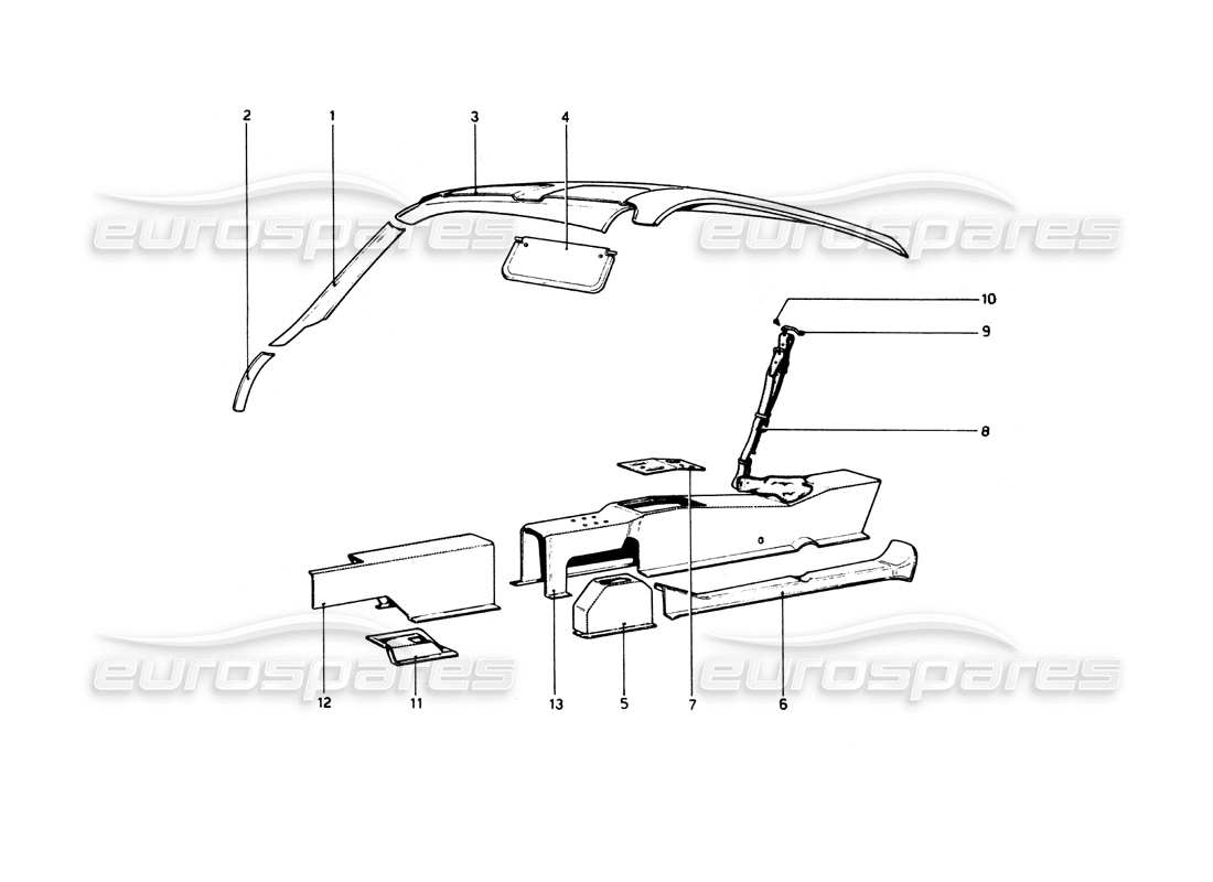 Ferrari 512 BB Tunnel and Roof Parts Diagram
