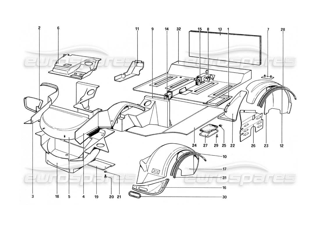 Ferrari 512 BBi Body Shell - Inner Elements Parts Diagram