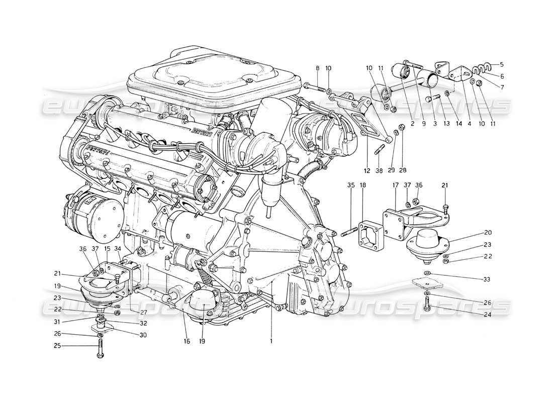Ferrari 208 GT4 Dino (1975) engine - gearbox and supports Parts Diagram