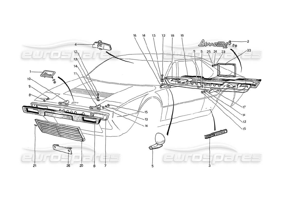 Ferrari 208 GT4 Dino (1975) Bumpers and Mouldings Parts Diagram