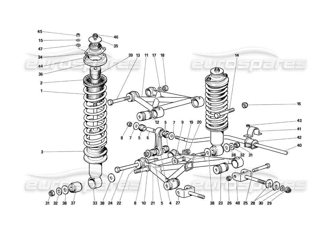 ferrari testarossa (1987) rear suspension - wishbones and shock absorbers parts diagram