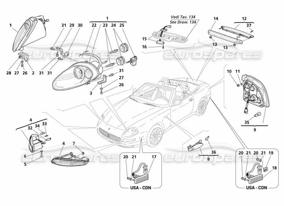 maserati 4200 spyder (2005) front and rear lights part diagram