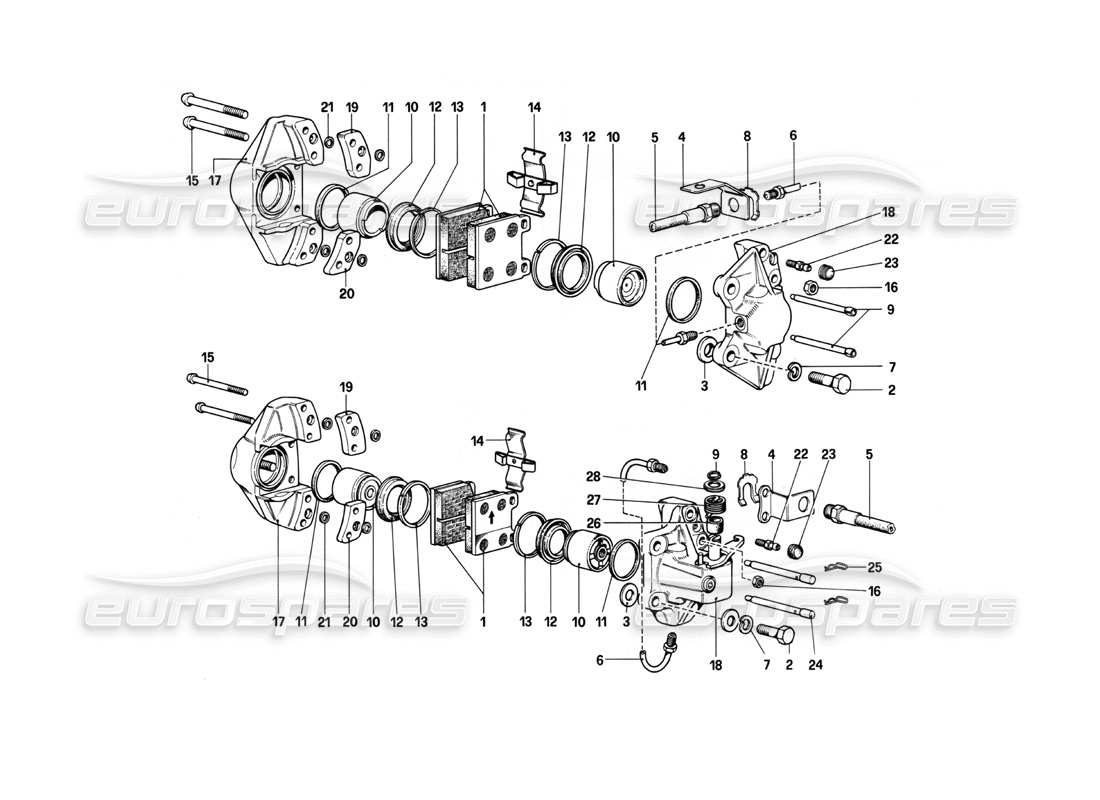 ferrari 208 turbo (1982) calipers for front and rear brakes part diagram