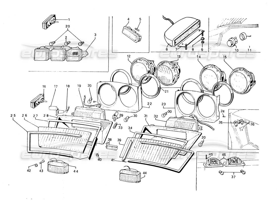 lamborghini countach 5000 qvi (1989) headlamps and direction indicators part diagram