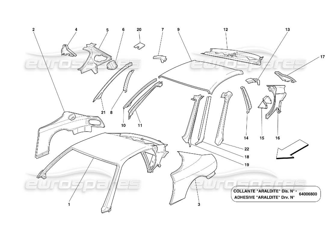 ferrari 456 gt/gta roof panel structures and components parts diagram