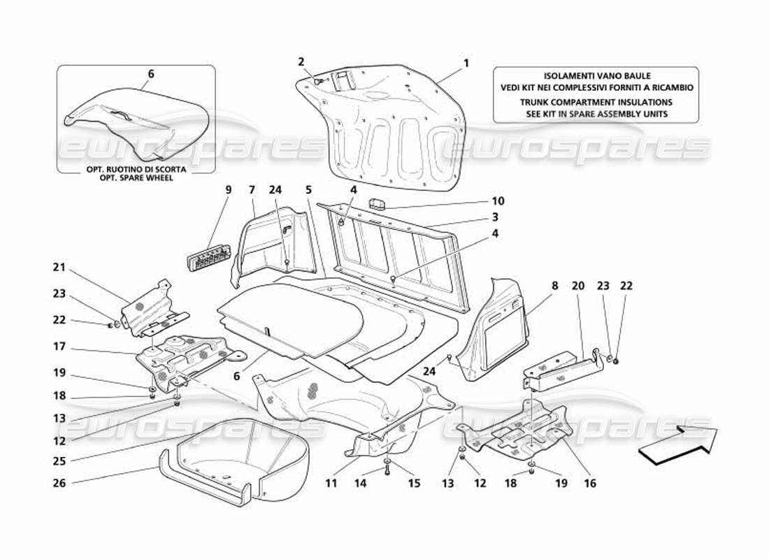 maserati 4200 coupe (2005) trunk hood compartment trims - air inlet and heath shields parts diagram