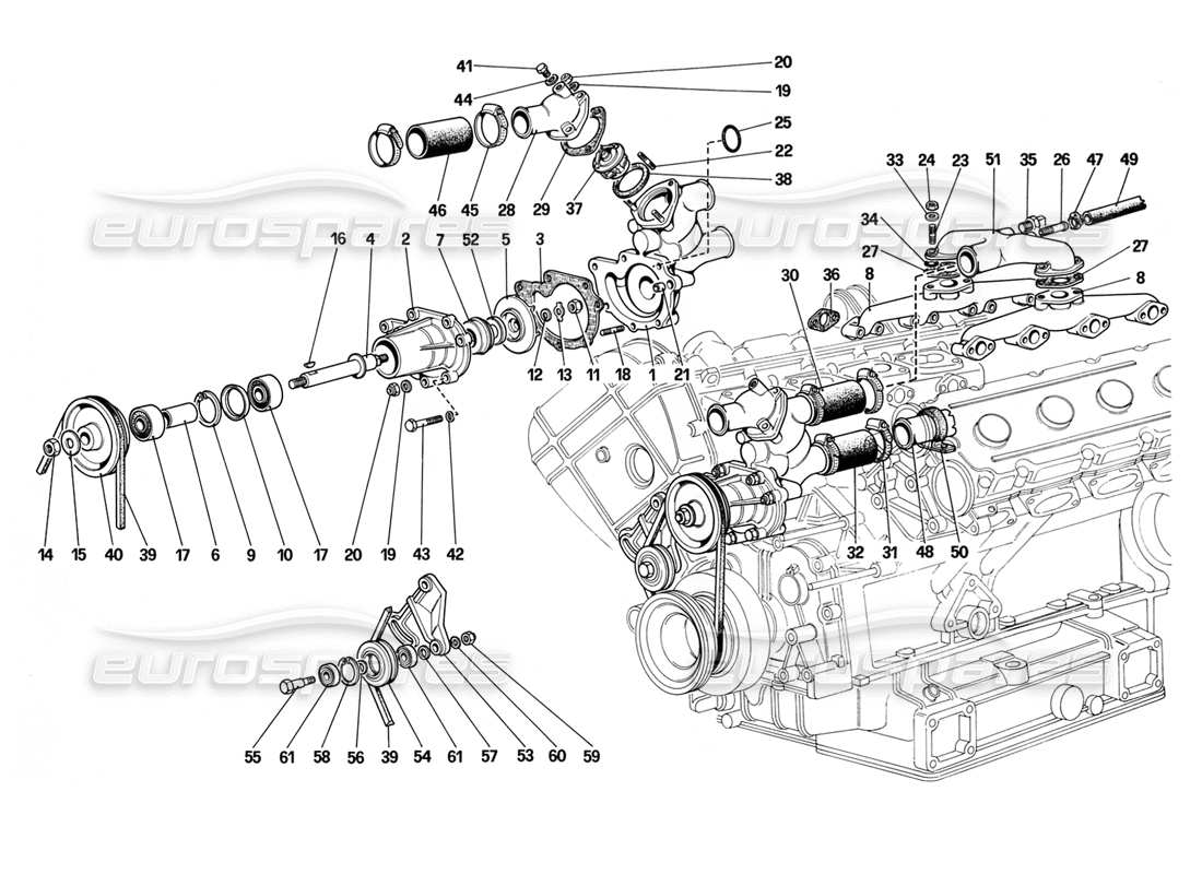 ferrari mondial 3.2 qv (1987) water pump and pipings parts diagram