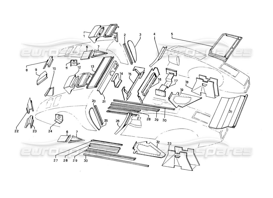 lamborghini countach 5000 qvi (1989) inner and outer coverings part diagram