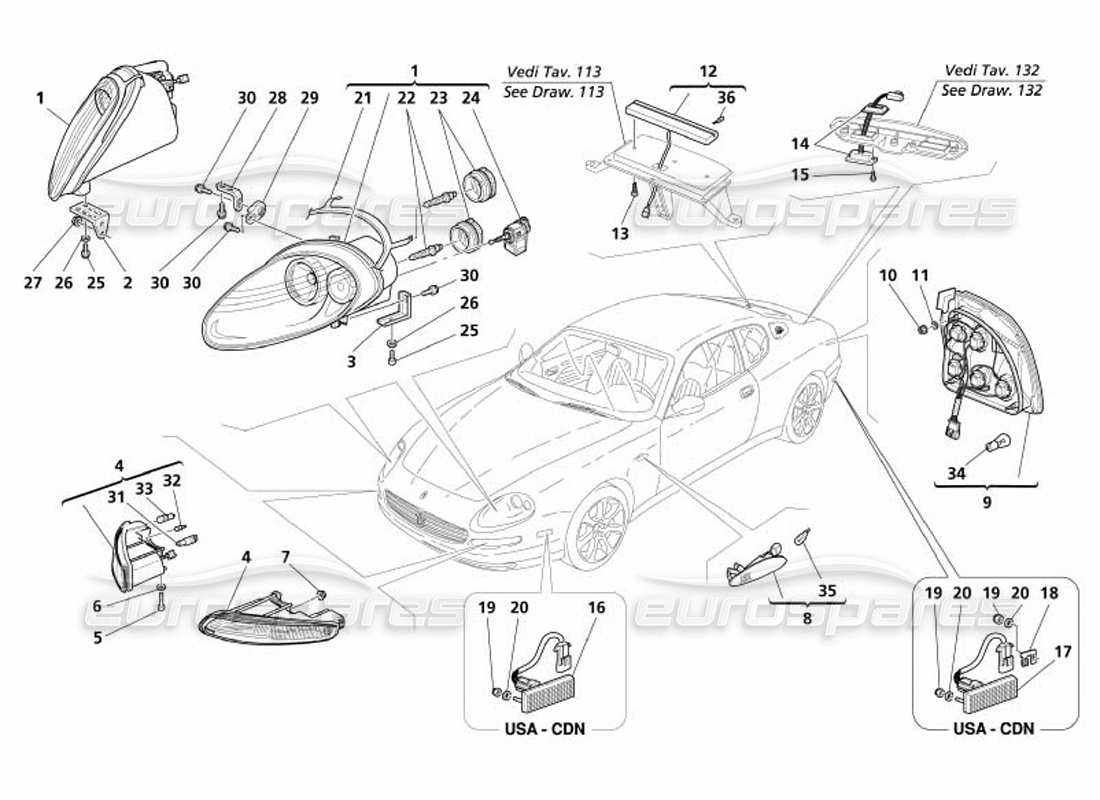 maserati 4200 coupe (2005) front and rear lights parts diagram