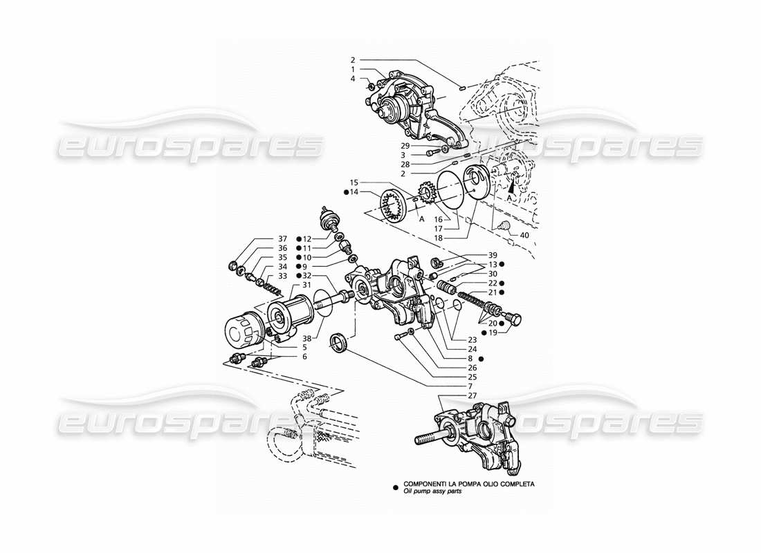 maserati qtp. 3.2 v8 (1999) oil pump and water pump (pre modification) parts diagram