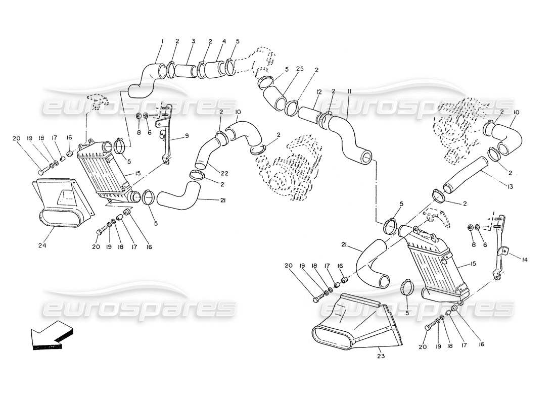 maserati ghibli 2.8 (non abs) heat exchanger and ducts parts diagram