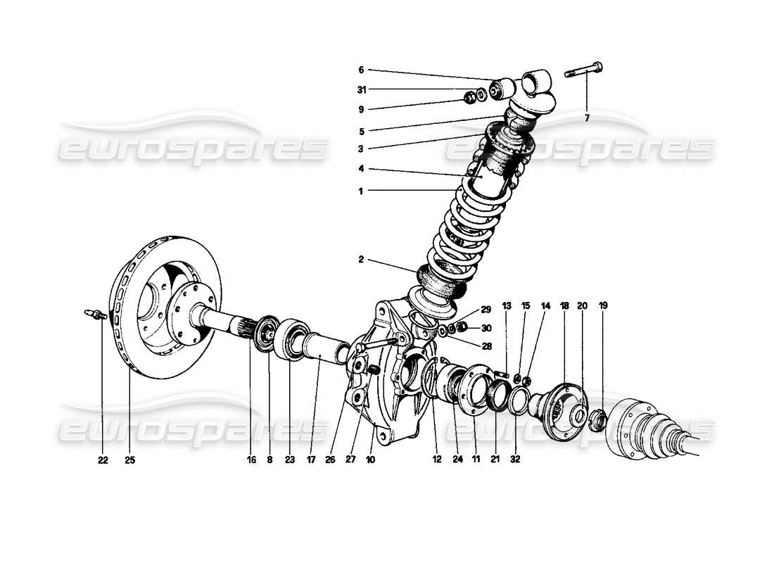 ferrari 208 turbo (1982) rear suspension - shock absorber and brake disc part diagram