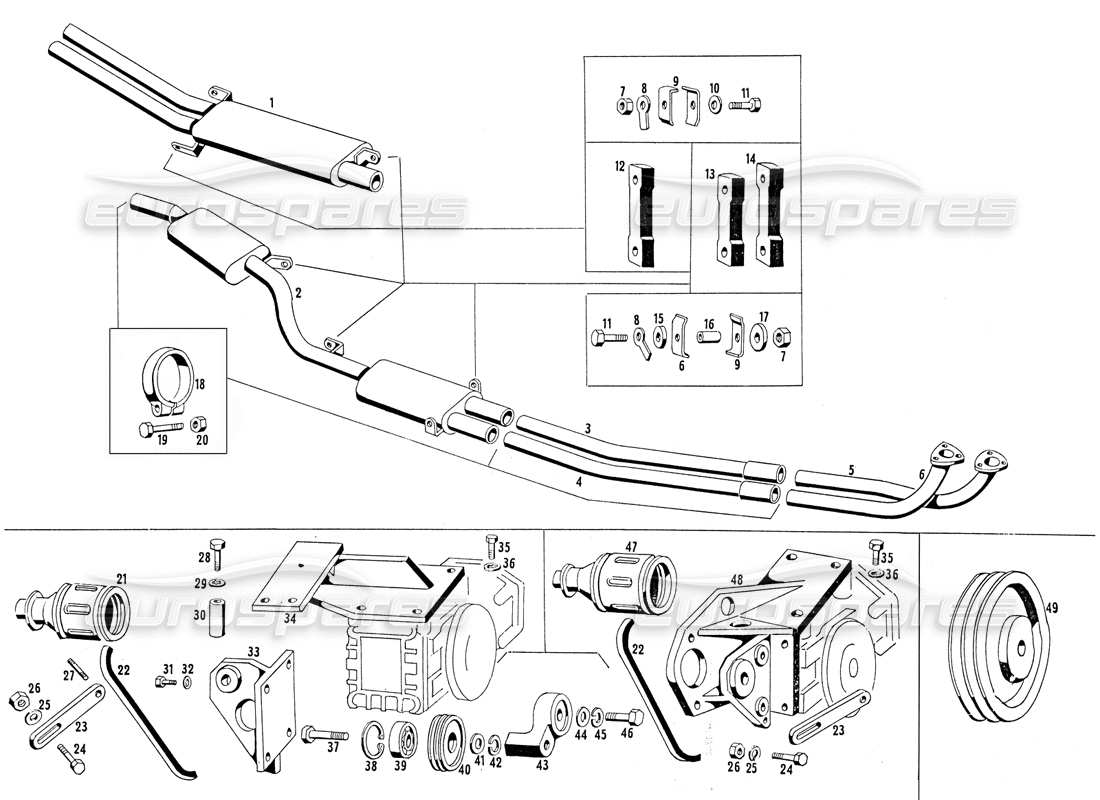 maserati mistral 3.7 exhaust pipes and compressor bracket parts diagram