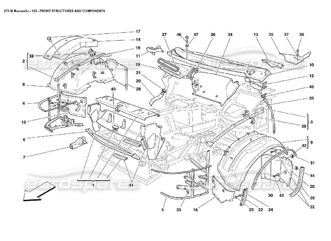 ferrari 575m maranello front structures and components parts diagram