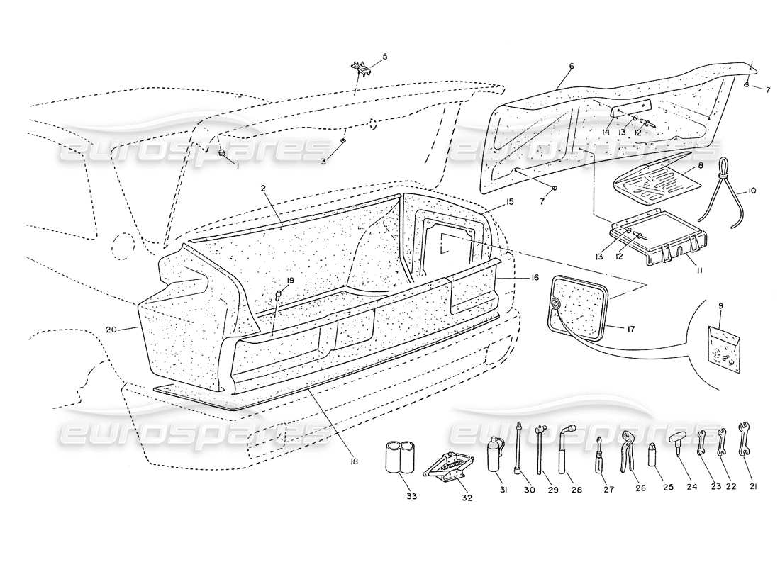 maserati ghibli 2.8 (non abs) trunk lid, escutcheous, trimming, tools parts diagram