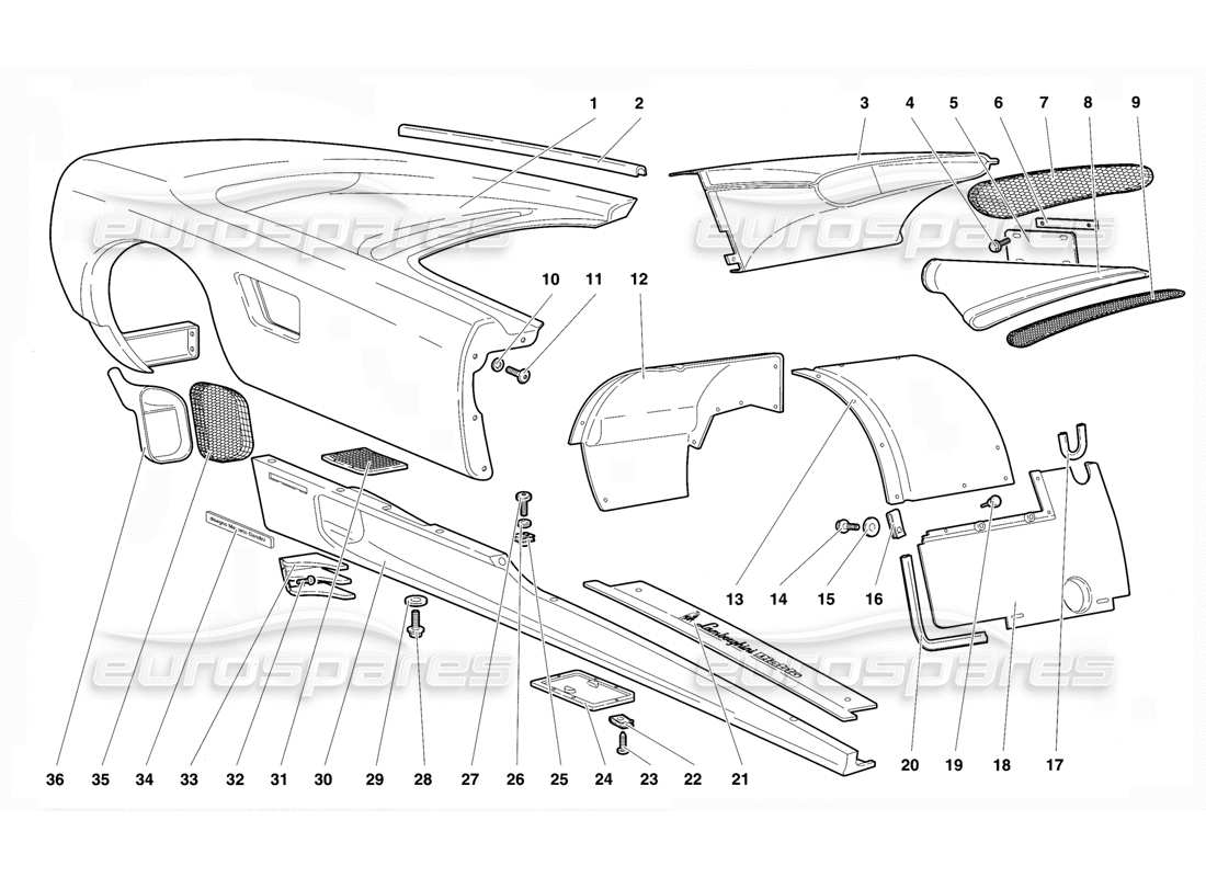 lamborghini diablo vt (1994) body elements - right flank parts diagram