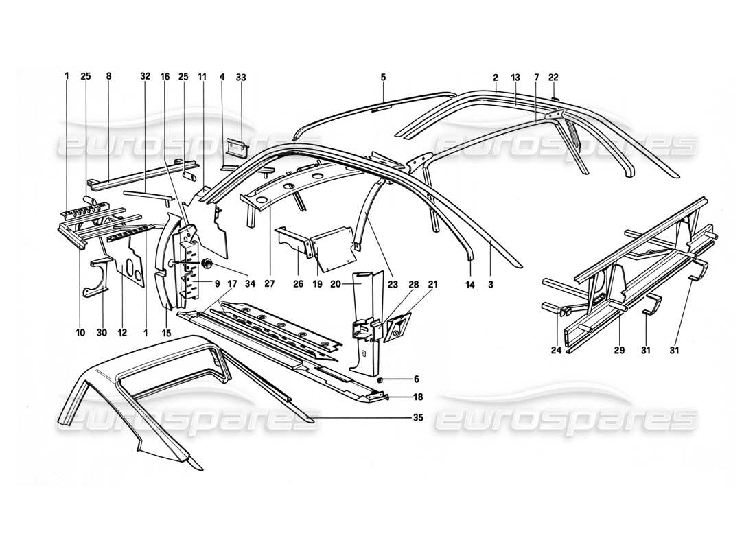 ferrari 208 turbo (1982) body shell - inner elements part diagram