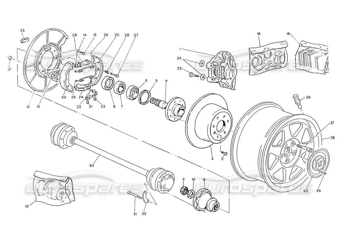 maserati ghibli 2.8 (non abs) rear wheels, hubs, brakes & axle shafts parts diagram