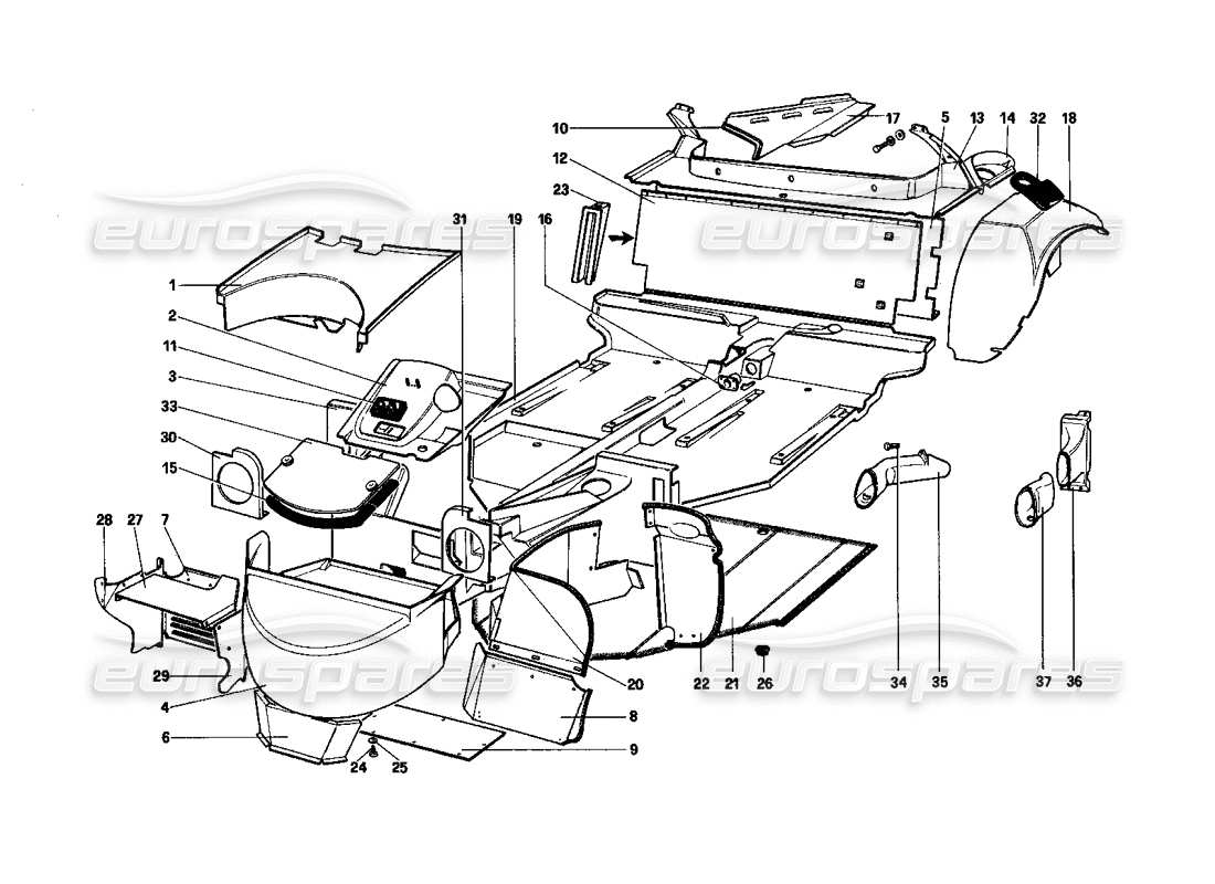 ferrari 208 turbo (1982) body shell - inner elements part diagram