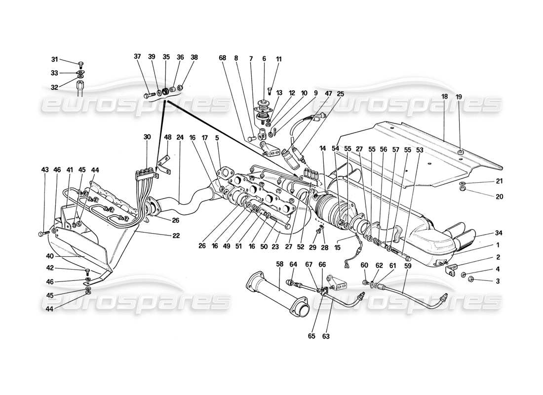 ferrari 328 (1988) exhaust system (for us - sa - ch87 and ch88 version) parts diagram